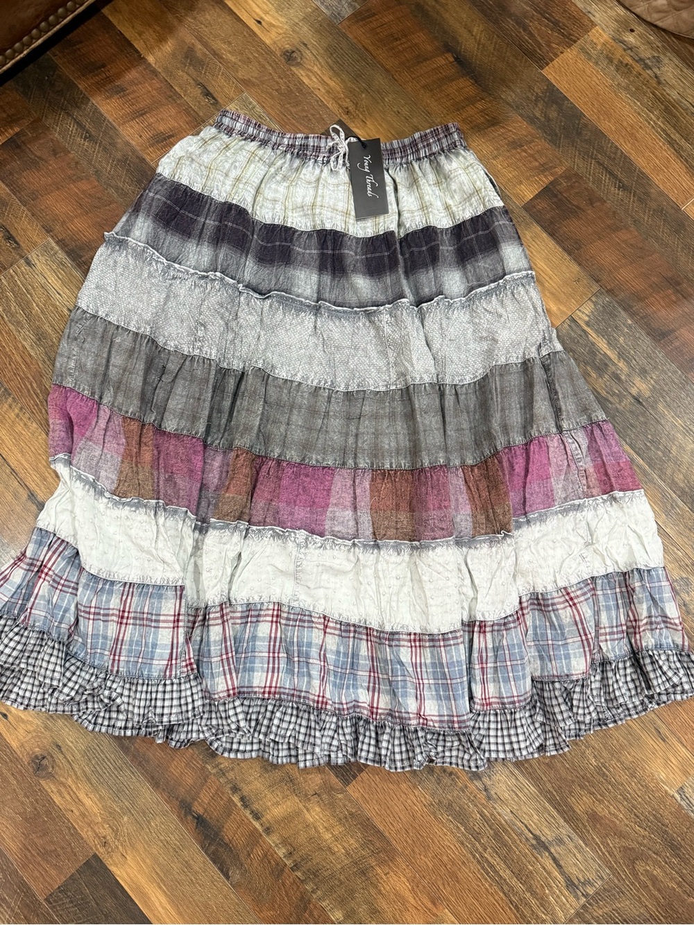 Young Threads Boho Tiered Maxi Skirt in Gray, Pink and Cream Fall XL
